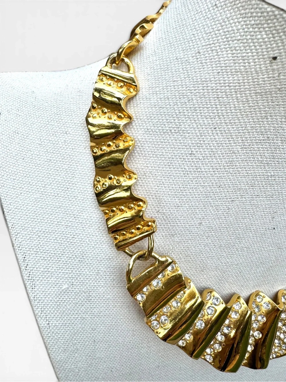 GIVENCHY Vintage Gold-tone Crystal Rhinestone Ripple Texture Statement Necklace